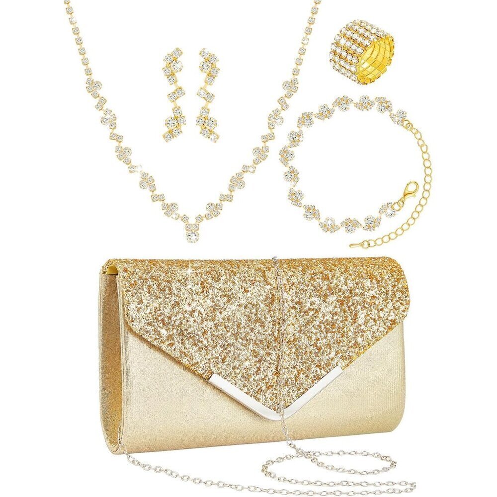 Women Rhinestone Jewelry Set with Purse Necklace Earrings Bracelets